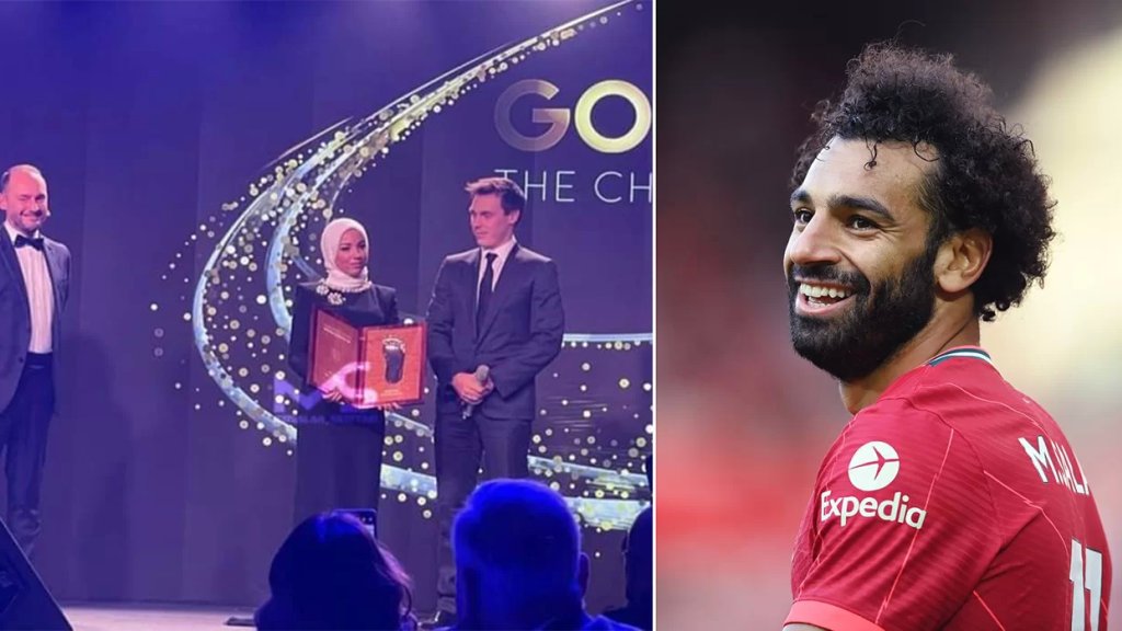 بالفيديو/ محمد صلاح أول لاعب عربي يتوج بـ &quot;القدم الذهبية 2021&quot; وزوجته تتسلم الجائزة عنه